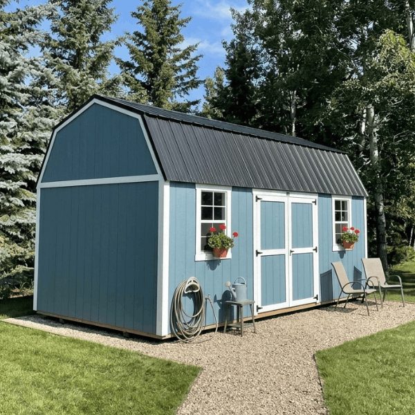 Blue Premier lofted storage shed with double doors and windows in Alberta